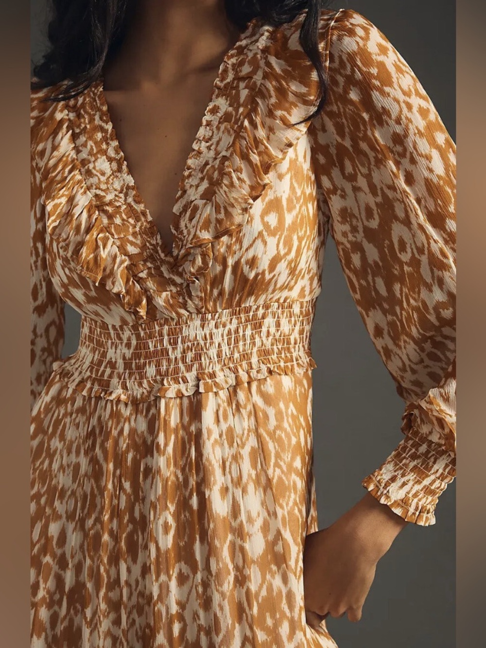 Anthropologie The Odetta Ruffled V-Neck maxi Dress size XL honey color - Picture 2 of 11